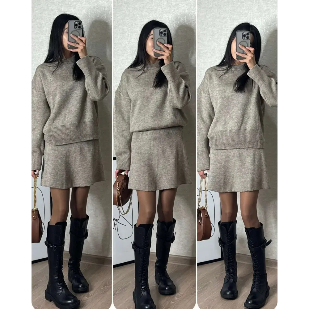 Green Long Sleeve Sweater Skirt Sets