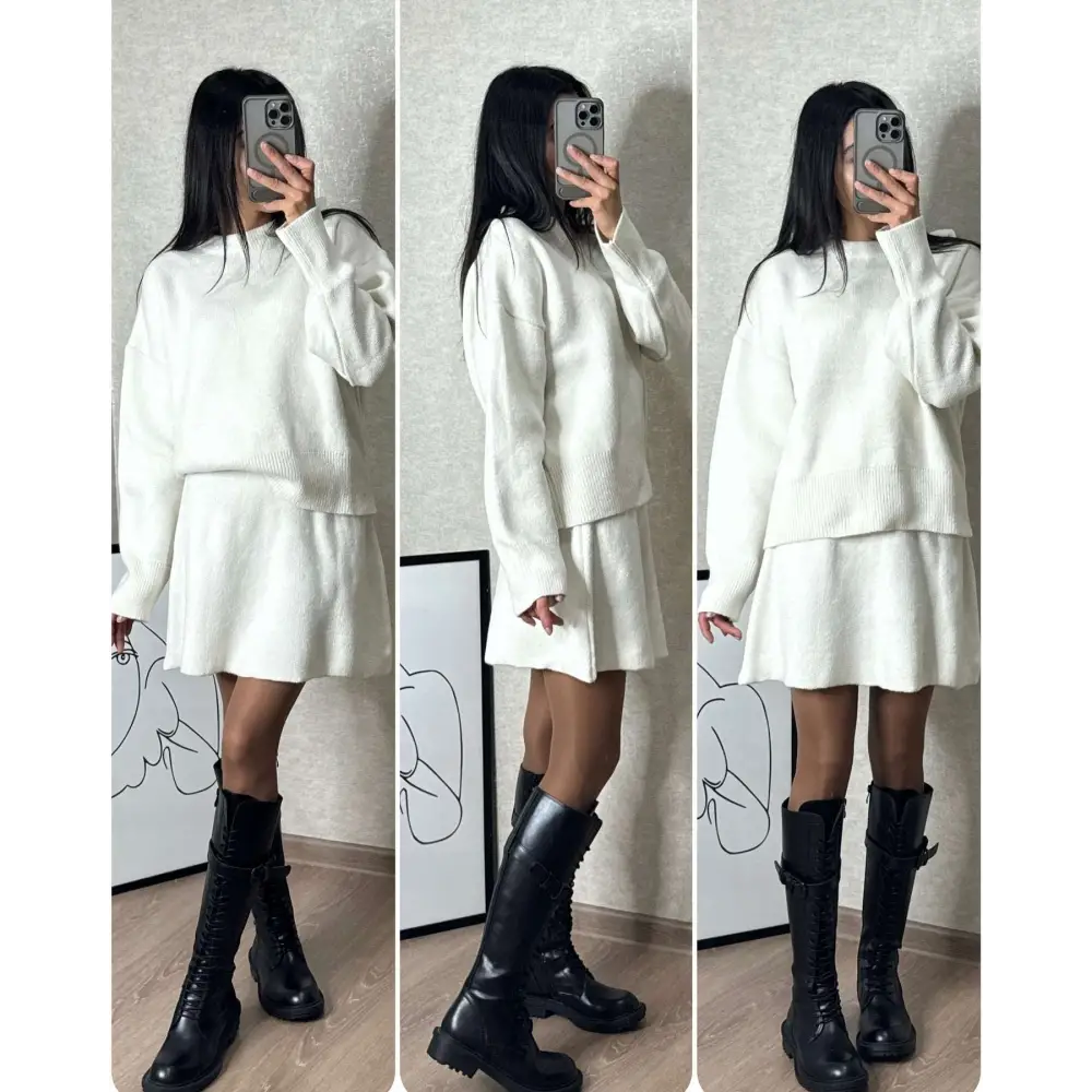 Green Long Sleeve Sweater Skirt Sets