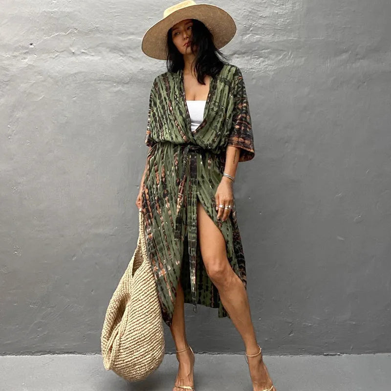 green and brown Monaco Poolside Kimono Cover-Up