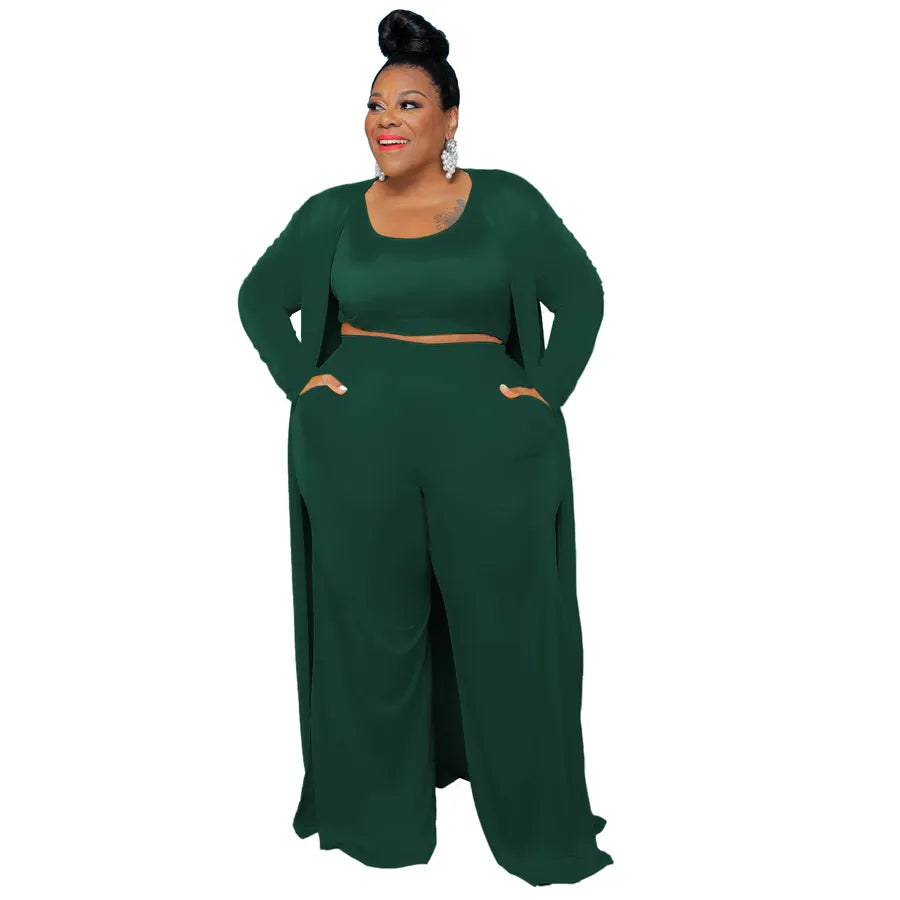 green plus size 3 piece out fit set on a white background