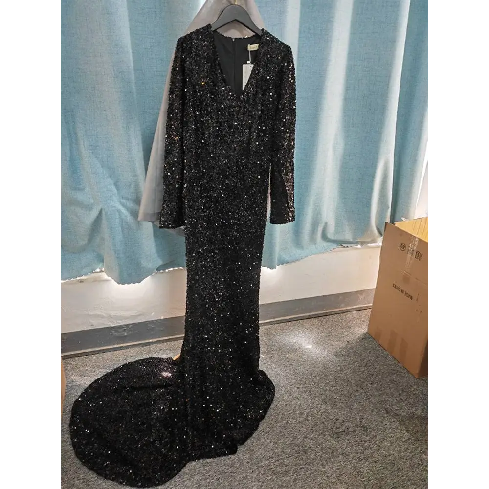 Grey Long Sleeve Sequin Mermaid Evening Dress