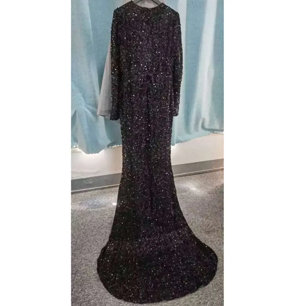 Grey Long Sleeve Sequin Mermaid Evening Dress