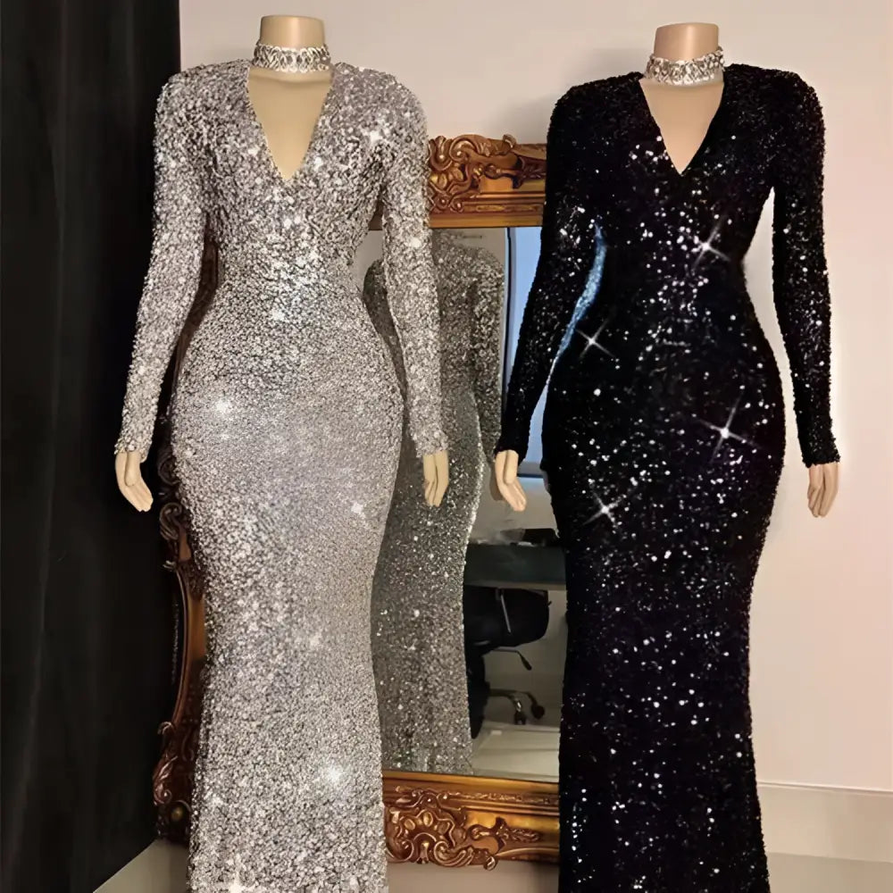 Grey Long Sleeve Sequin Mermaid Evening Dress