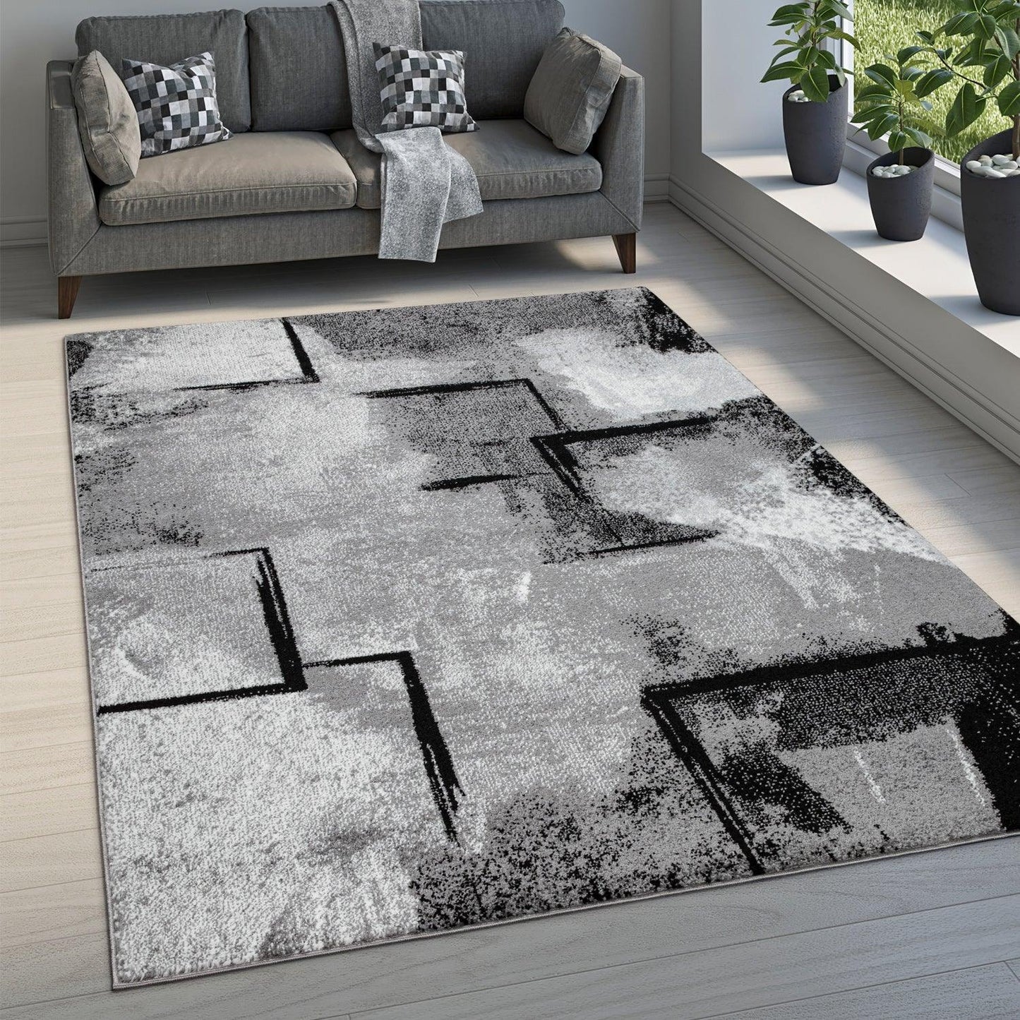 Grey White Area Rug Modern Design with Abstract Paint Effect-0