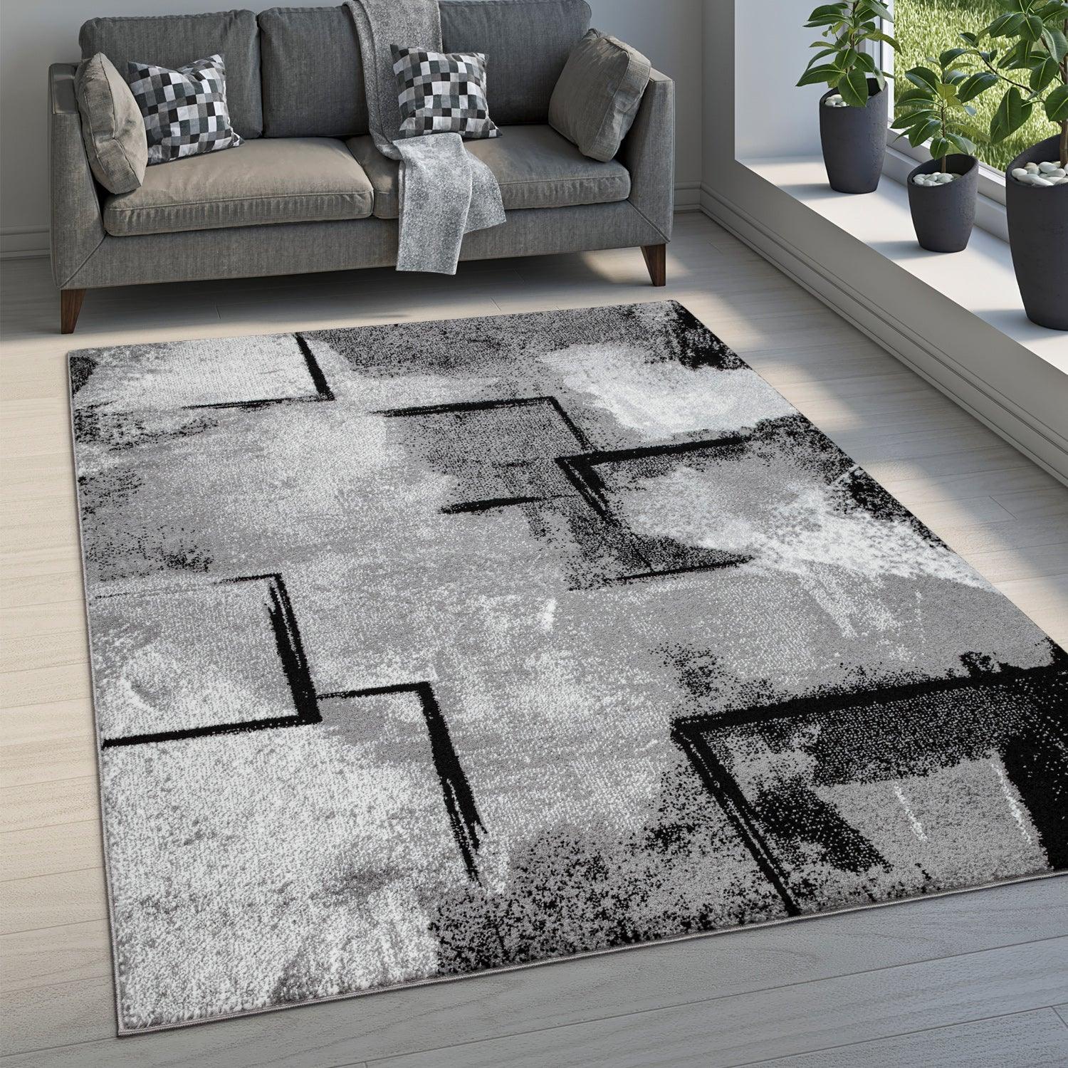 Grey White Area Rug Modern Design with Abstract Paint Effect-0