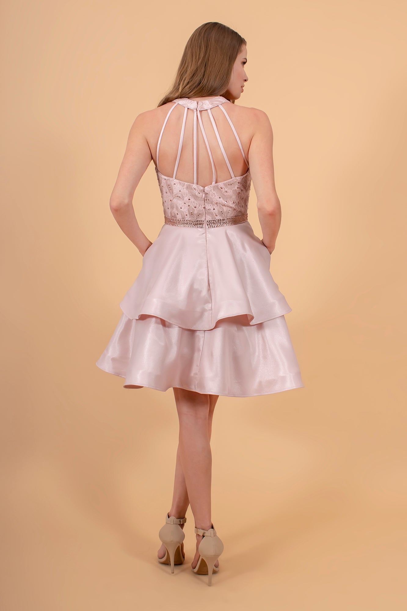 Sequin and Rhinestone Bodice Satin /w Side Pockets Short Homecoming Dress GLGS1603