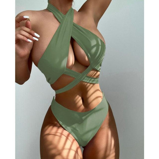 Halter Hollow Cross Bikinis Set Swimsuit Women's New Solid Two-Piece Swimwear Two Piece Swimsuit Halter Crisscross Cut Out Bikini Wrap Top with High Waist  Bottom Beach Swimwear Summer Beachwear Woman Bath Bathing Suit