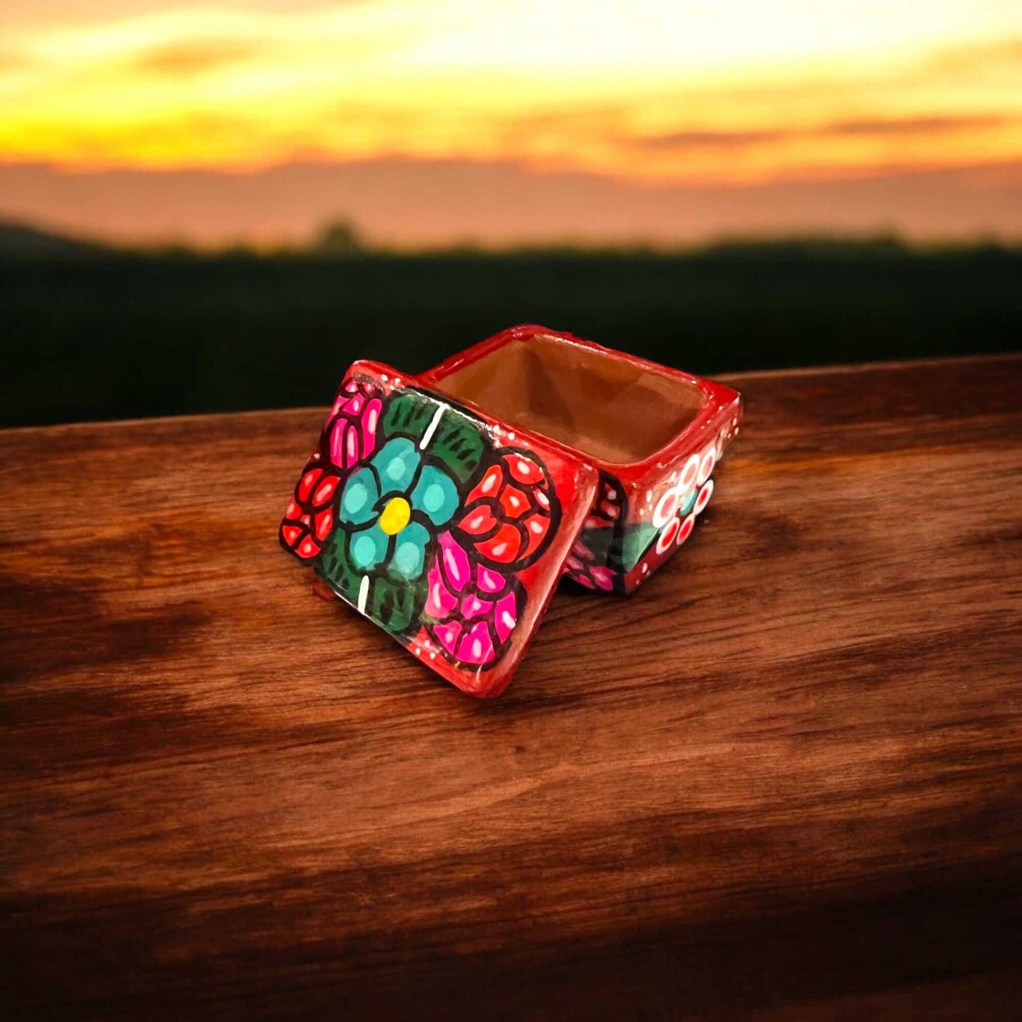 Colorful Hand-Painted Guerrero Jewelry Box | Mexican Ceramic Earring Holder