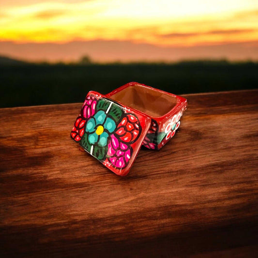 Colorful Hand-Painted Guerrero Jewelry Box | Mexican Ceramic Earring Holder