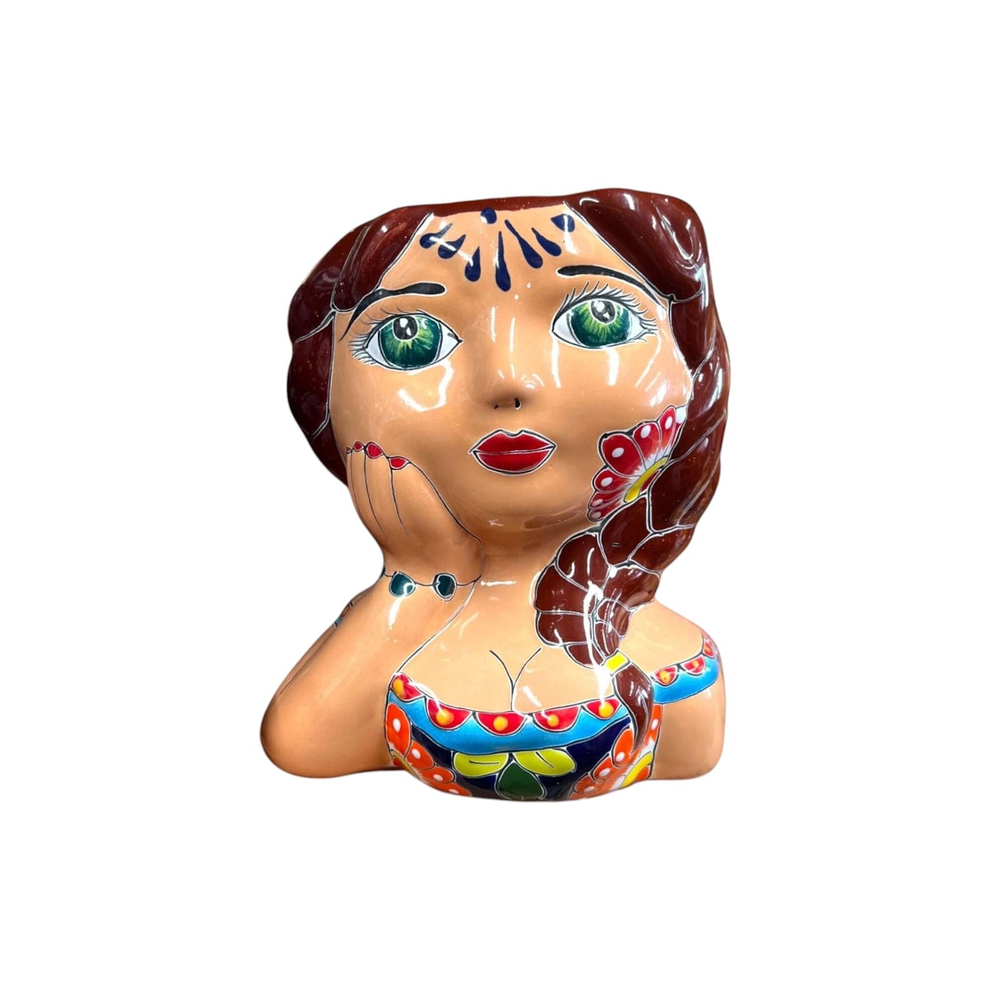 Hand-Painted Talavera Ceramic Lady Planter | Mexican Artwork Décor