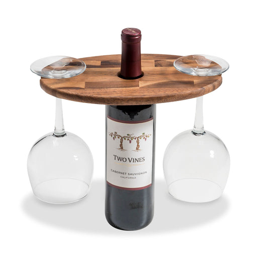 Acacia Wood Wine Bottle Glass Caddy Holds 2 Stemmed Glasses - Handcrafted