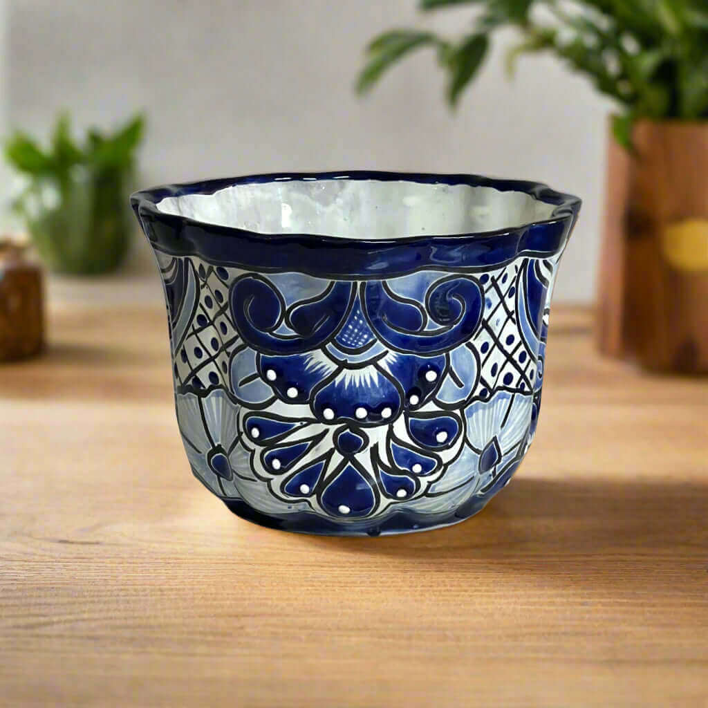 Talavera Flower Pot | Handcrafted Blue & White Mexican Ceramic