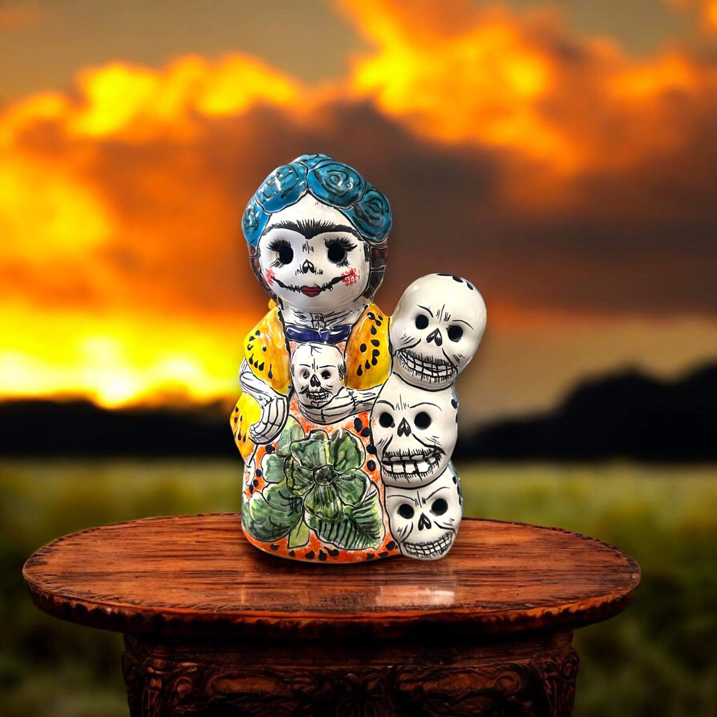 Handcrafted Talavera Frida Statue | Colorful Day of the Dead Calavera Skull Decor