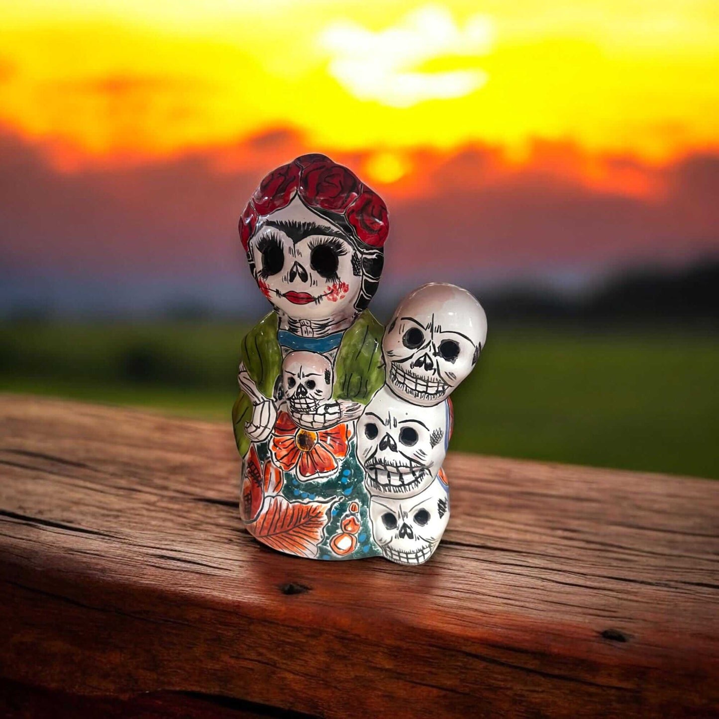 Handcrafted Talavera Frida Statue | Colorful Day of the Dead Calavera Skull Decor