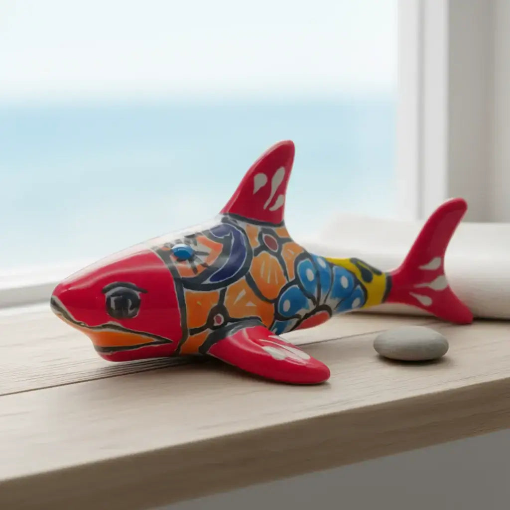 Vibrant Talavera Shark Figurine | Handcrafted Mexican Decor