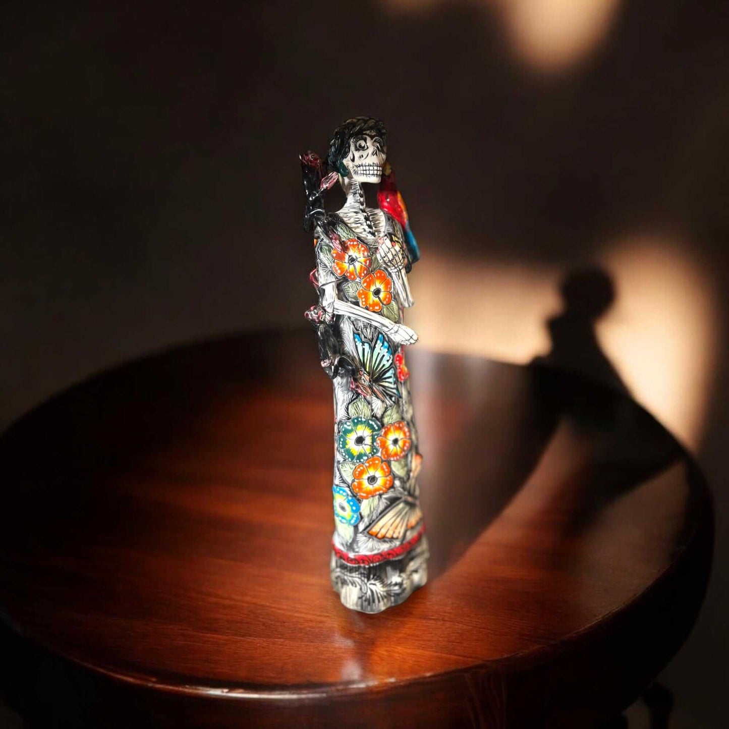 Talavera Catrina Figurine | Day of the Dead Skeleton with Monkey & Bird
