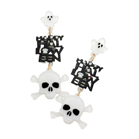 Happy Halloween Message Glittered Resin Ghost Skull Earrings