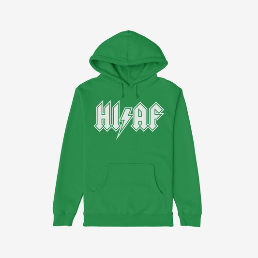 Green hoodie with a white logo on a white background