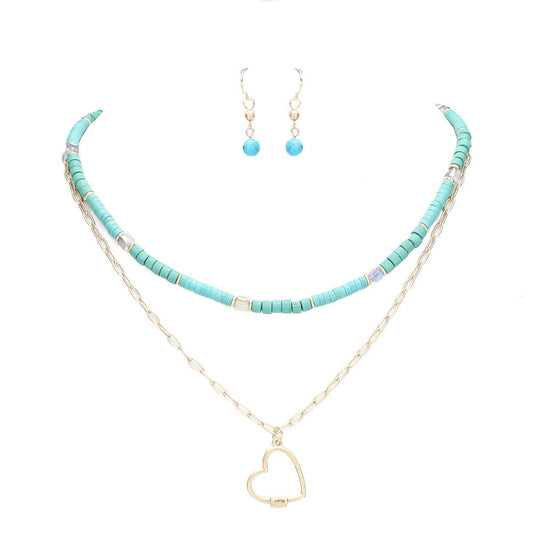 Heart Pendant Wood Natural Stone Double Layered Jewelry Set