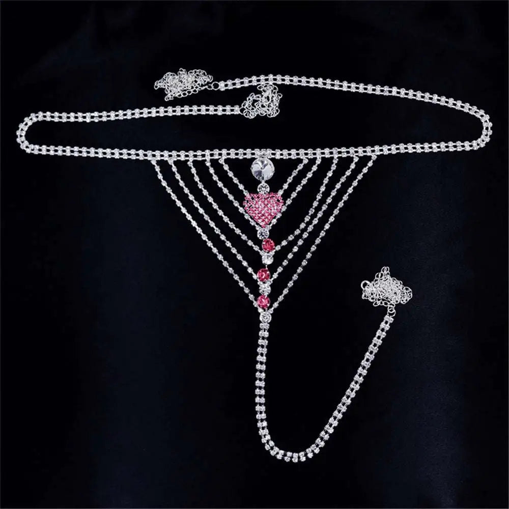 Heart Rhinestone Panty Body Jewelry with Garter Belt