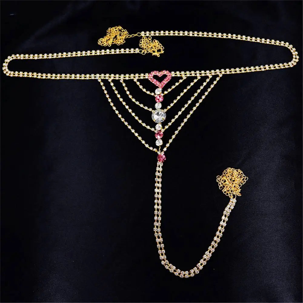 Heart Rhinestone Panty Body Jewelry with Garter Belt
