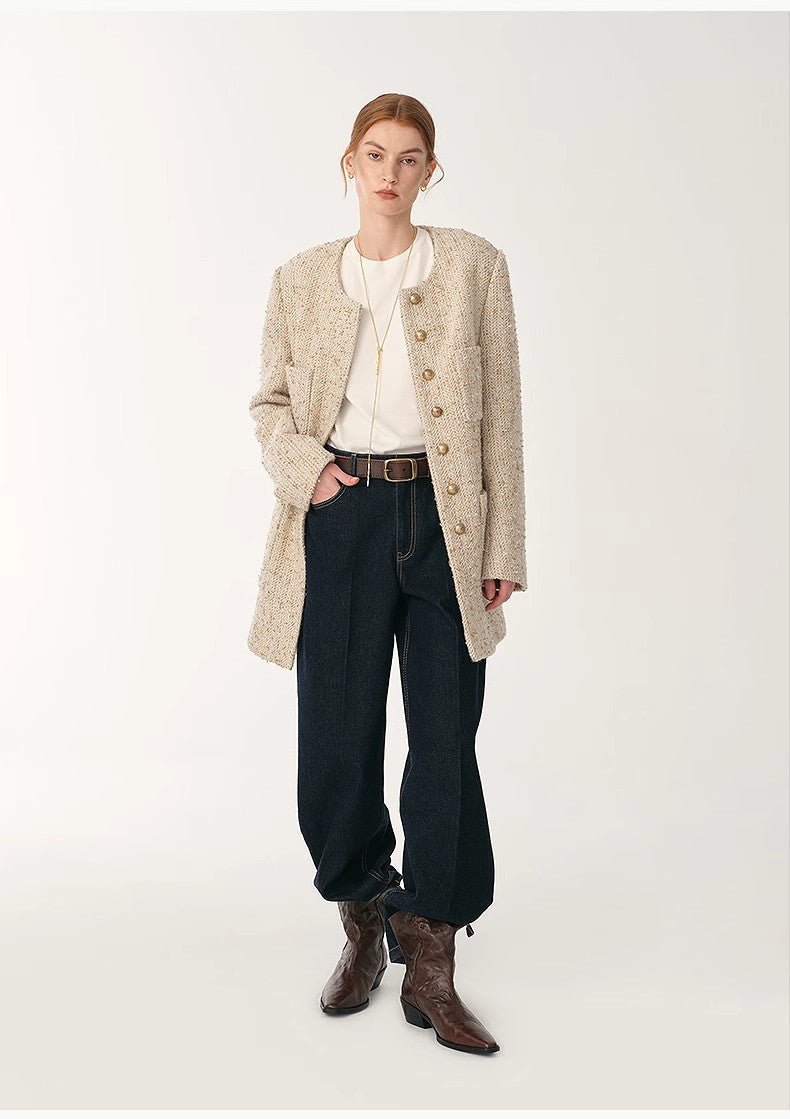 Heavy wool tweed high-end exquisite round neck patch pocket slim Chanel jacket for women-0