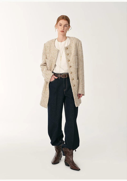 Heavy wool tweed high-end exquisite round neck patch pocket slim Chanel jacket for women-0