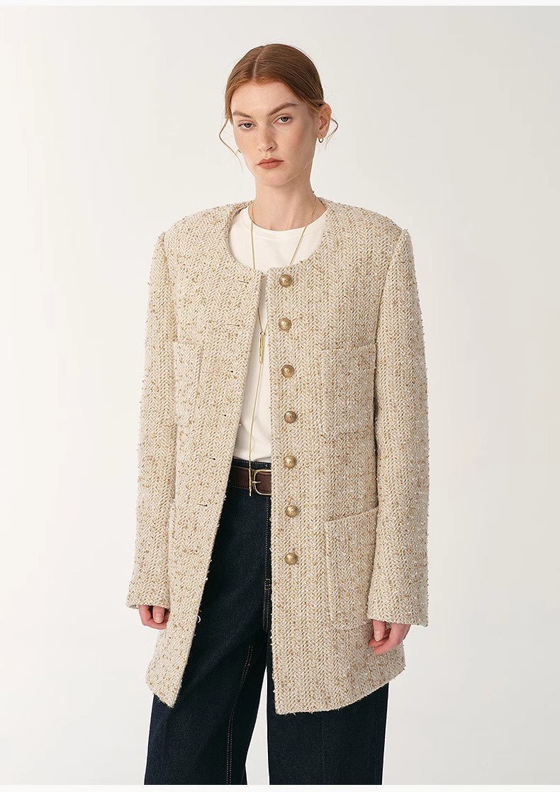 Heavy wool tweed high-end exquisite round neck patch pocket slim Chanel jacket for women-4