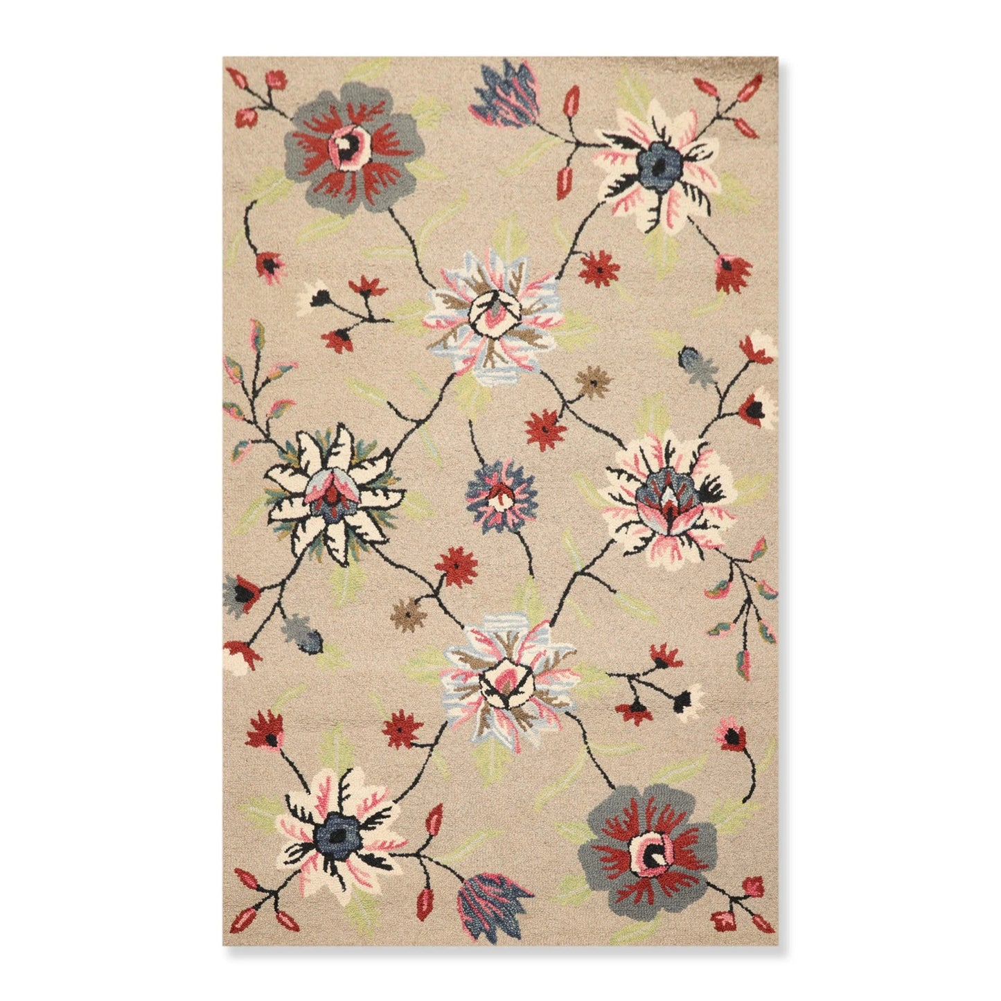 5' x 8' Handmade Wool Loop Pile Floral Traditional Oriental Area Rug Taupe-0