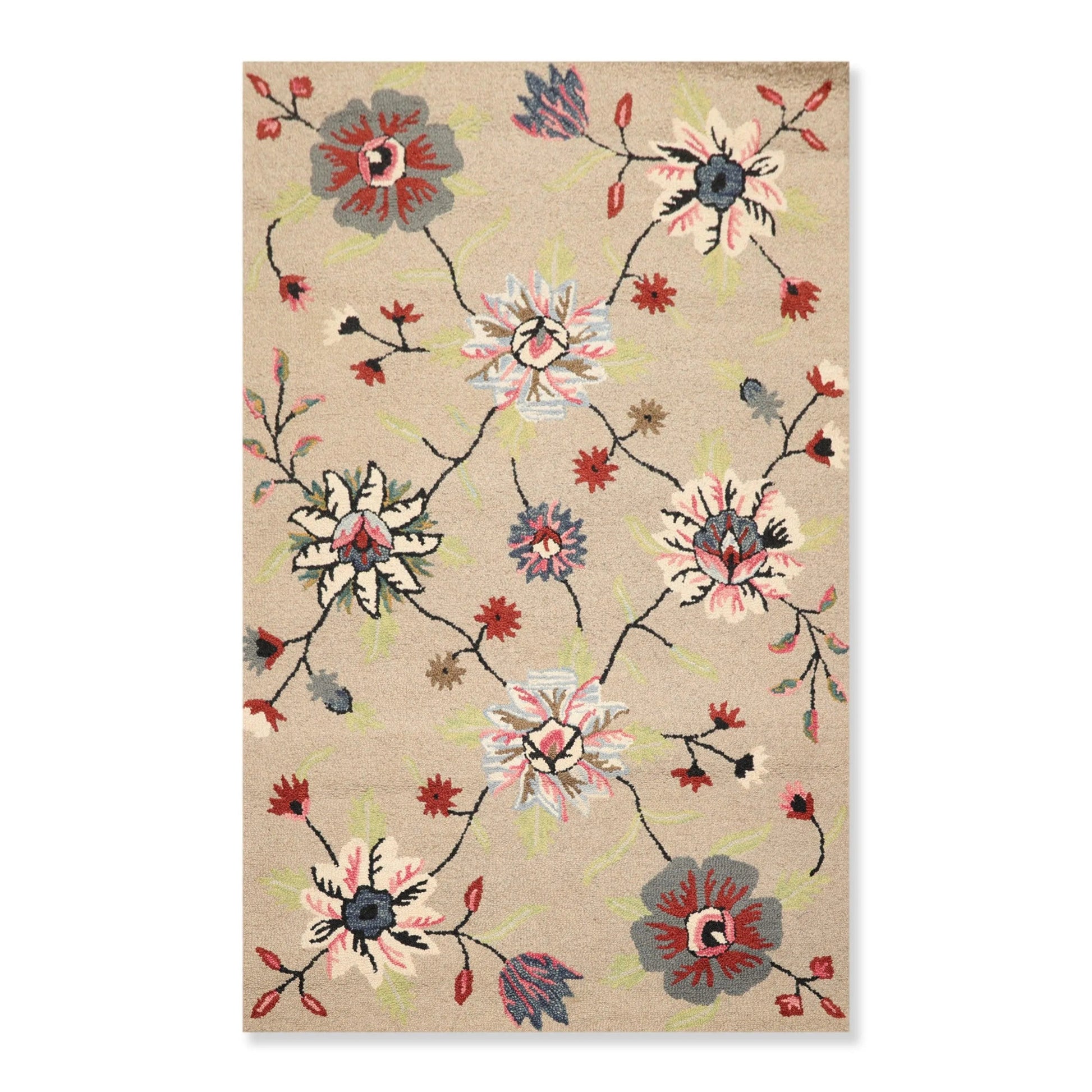 5' x 8' Handmade Wool Loop Pile Floral Traditional Oriental Area Rug Taupe-0