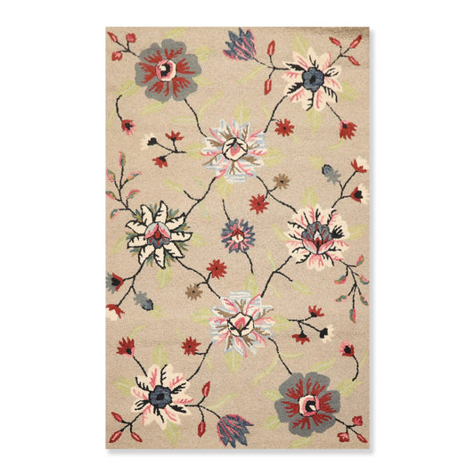 5' x 8' Handmade Wool Loop Pile Floral Traditional Oriental Area Rug Taupe-0