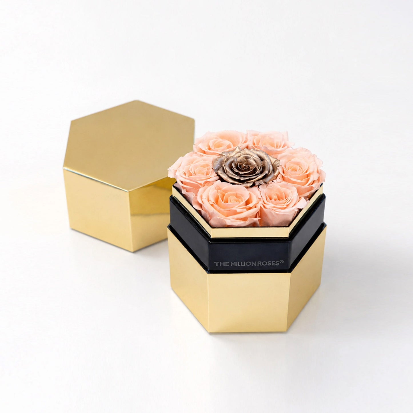 One in a Million™ Mirror Gold Hexagon Box | Peach & Gold Roses