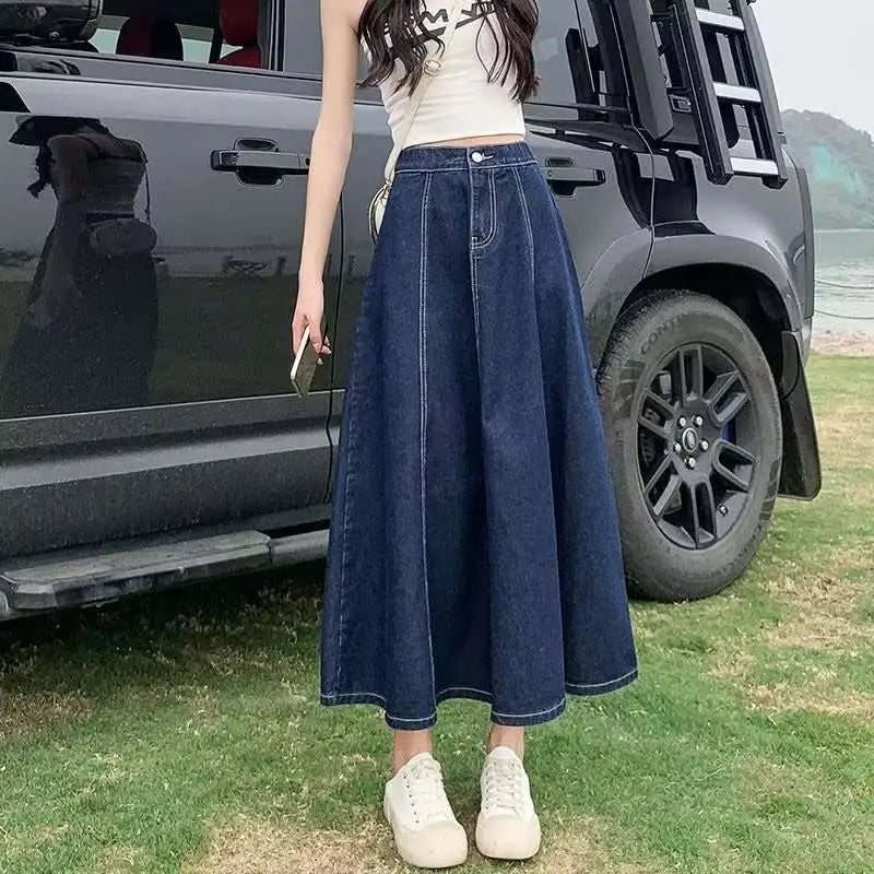 High Waist Flared Denim Skirt Women’s Mid-length