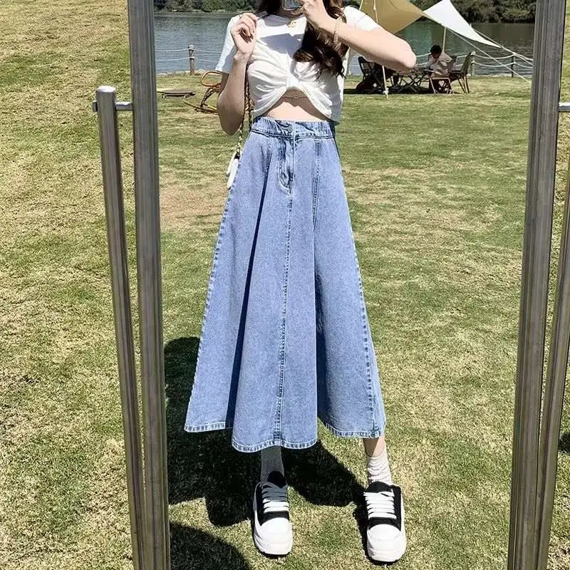 High Waist Flared Denim Skirt Women’s Mid-length