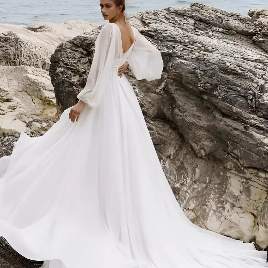 High Waist Long Sleeve Backless Wedding Dress High Slit