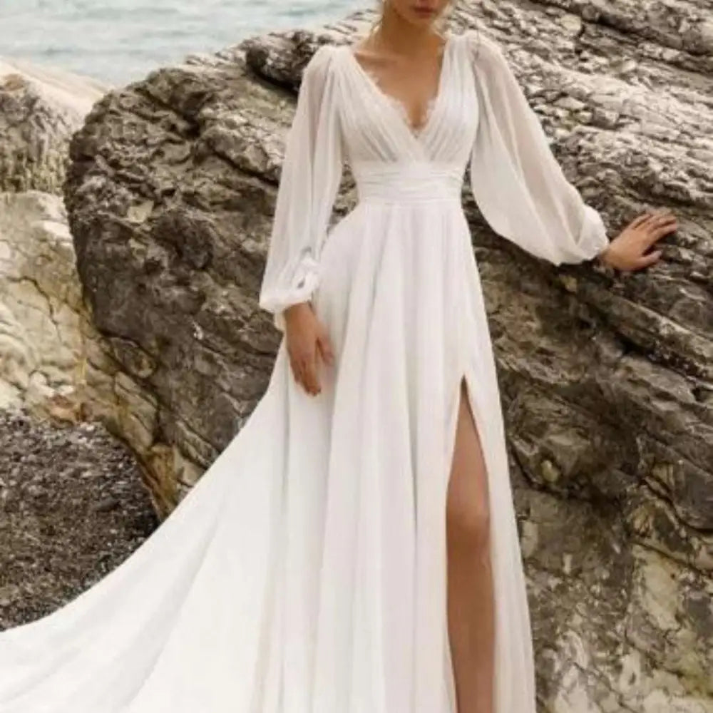 High Waist Long Sleeve Backless Wedding Dress High Slit