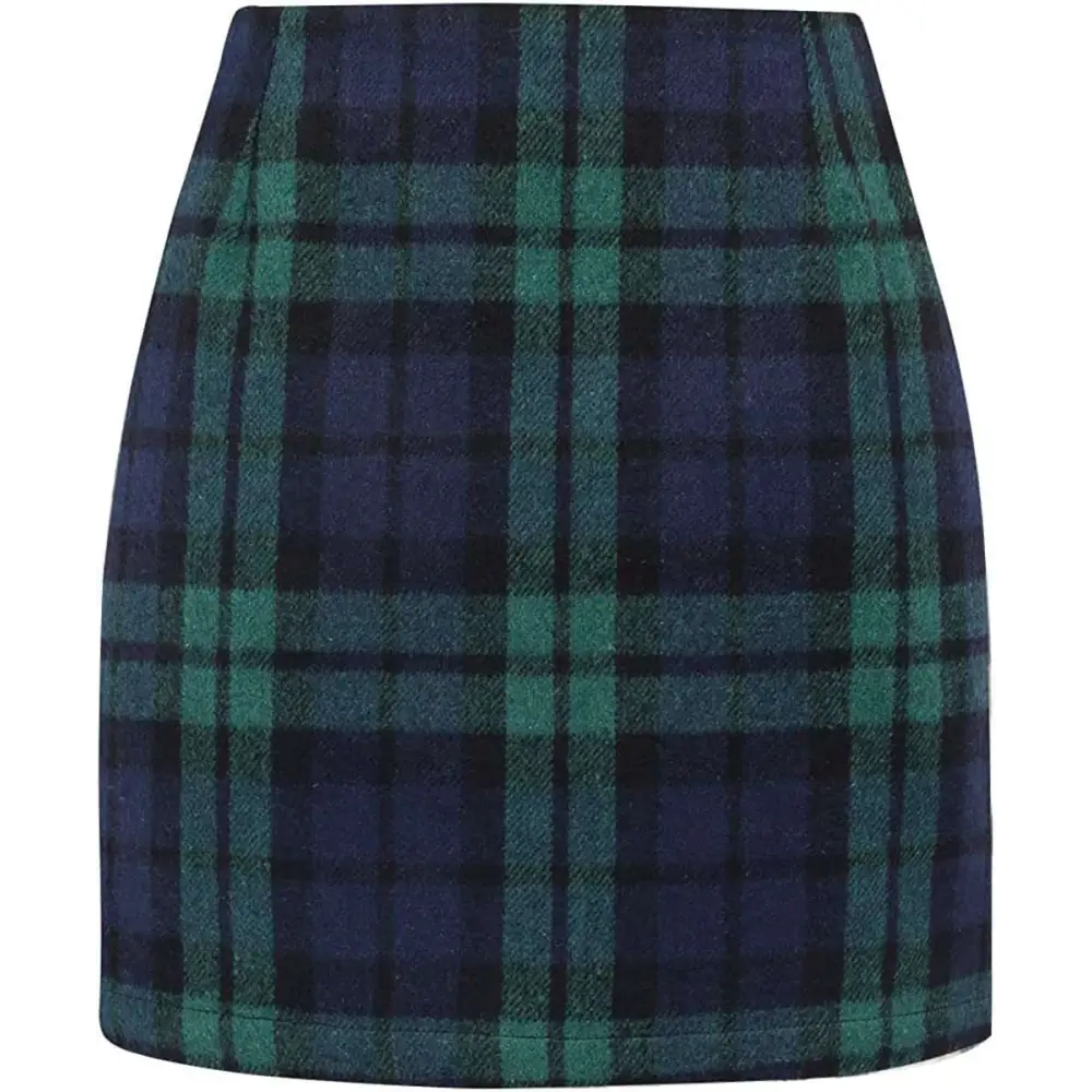 High Waist Plaid Tight Pencil Wool Mini Skirt