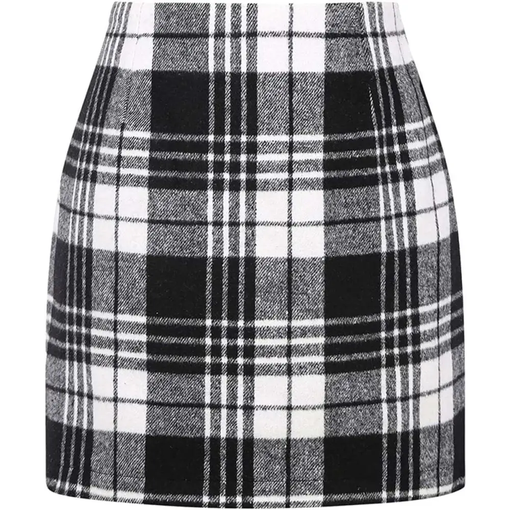 High Waist Plaid Tight Pencil Wool Mini Skirt