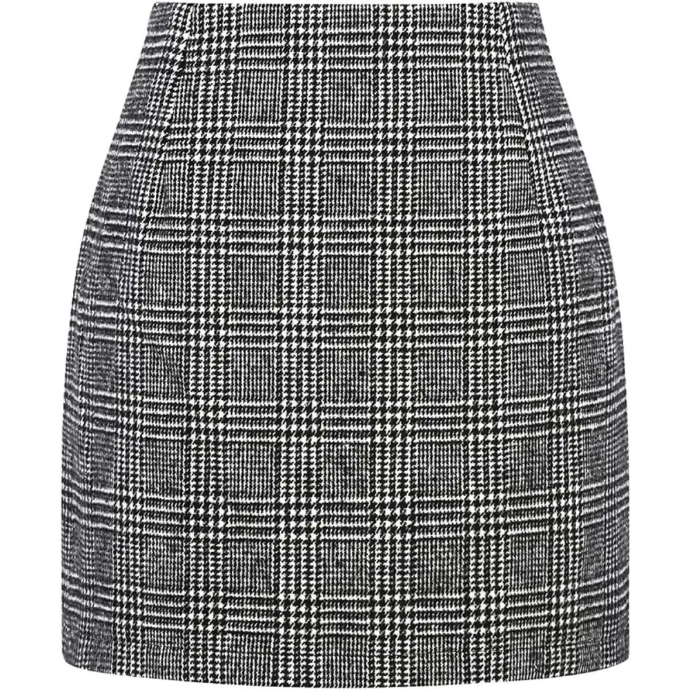 High Waist Plaid Tight Pencil Wool Mini Skirt