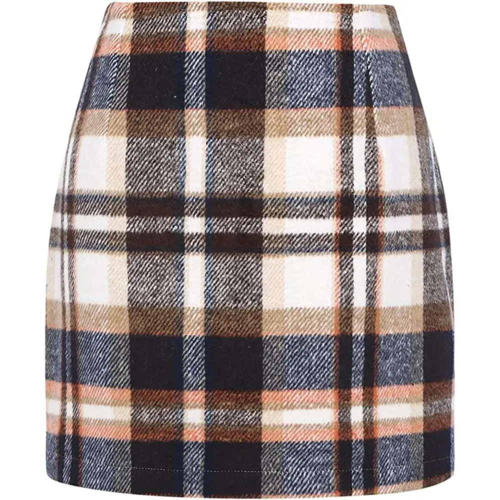High Waist Plaid Tight Pencil Wool Mini Skirt