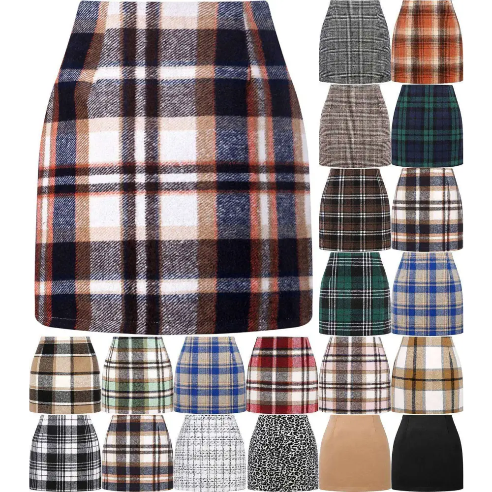 High Waist Plaid Tight Pencil Wool Mini Skirt