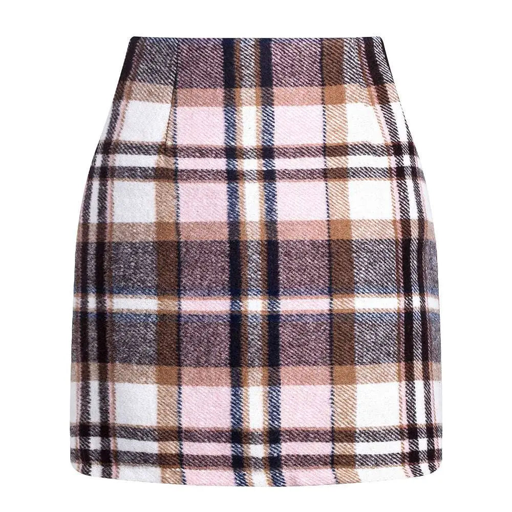 High Waist Plaid Tight Pencil Wool Mini Skirt