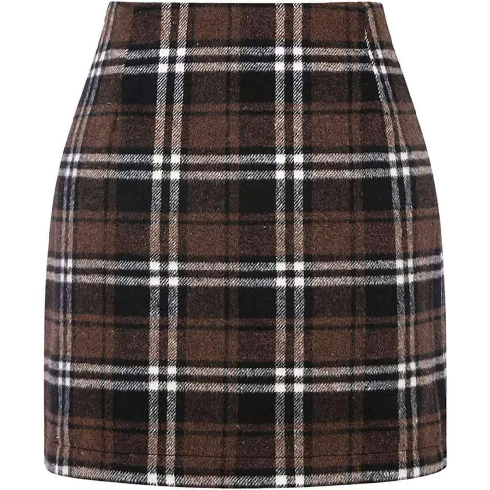 High Waist Plaid Tight Pencil Wool Mini Skirt