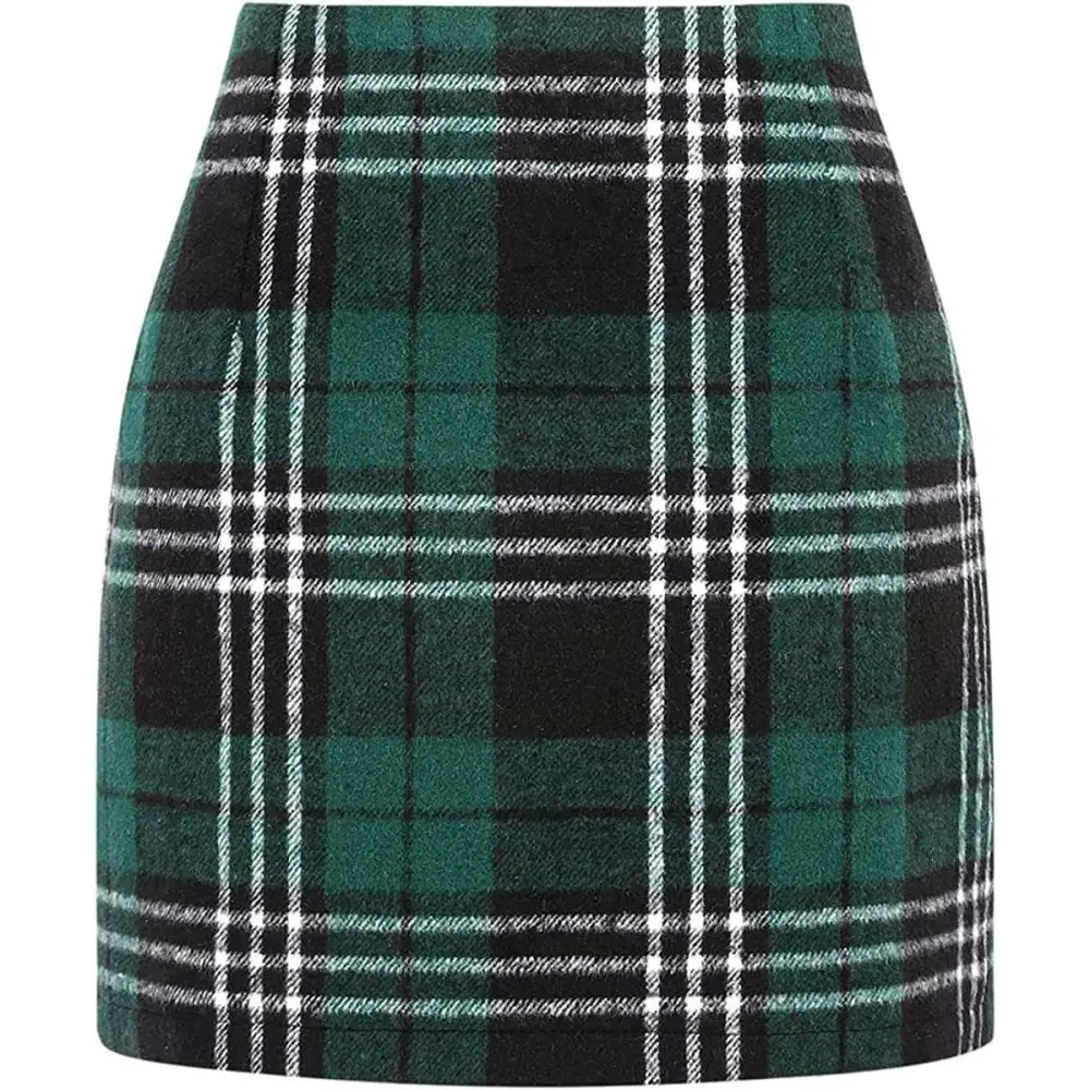 High Waist Plaid Tight Pencil Wool Mini Skirt