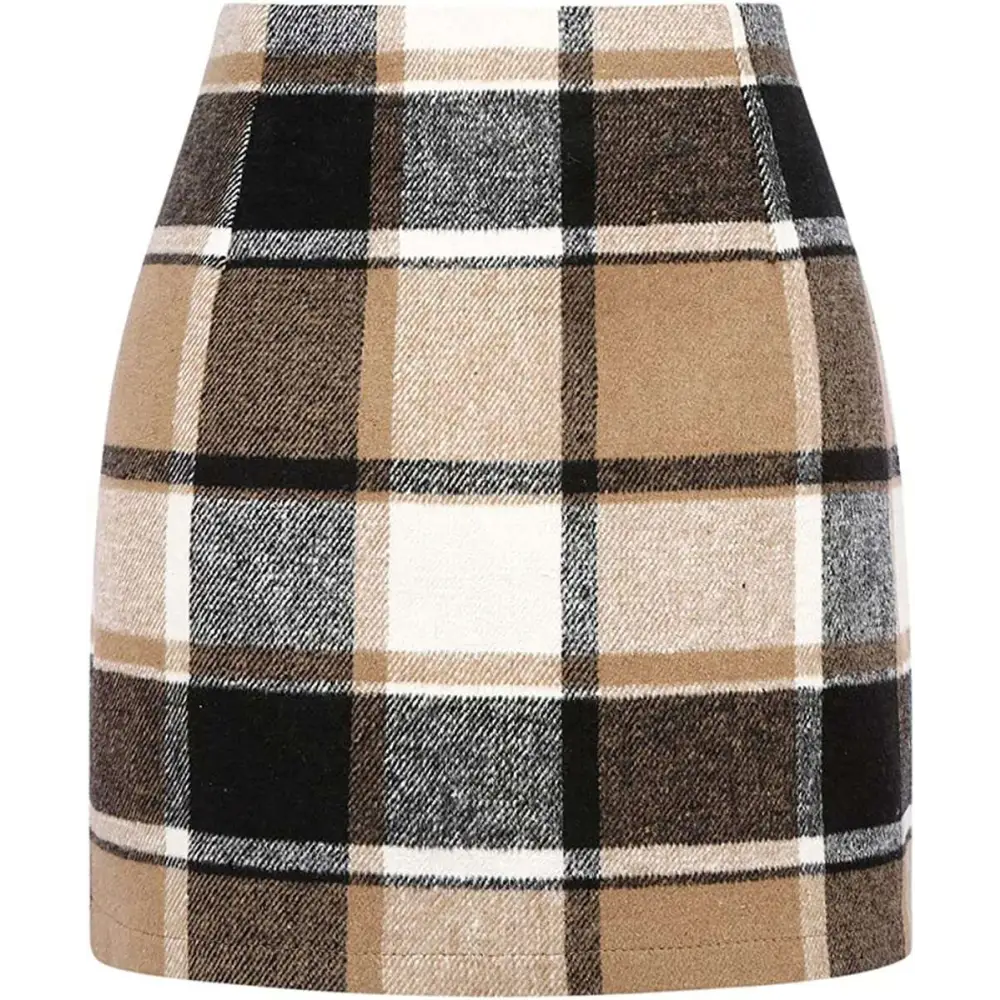 High Waist Plaid Tight Pencil Wool Mini Skirt