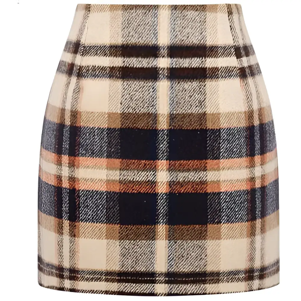 High Waist Plaid Tight Pencil Wool Mini Skirt