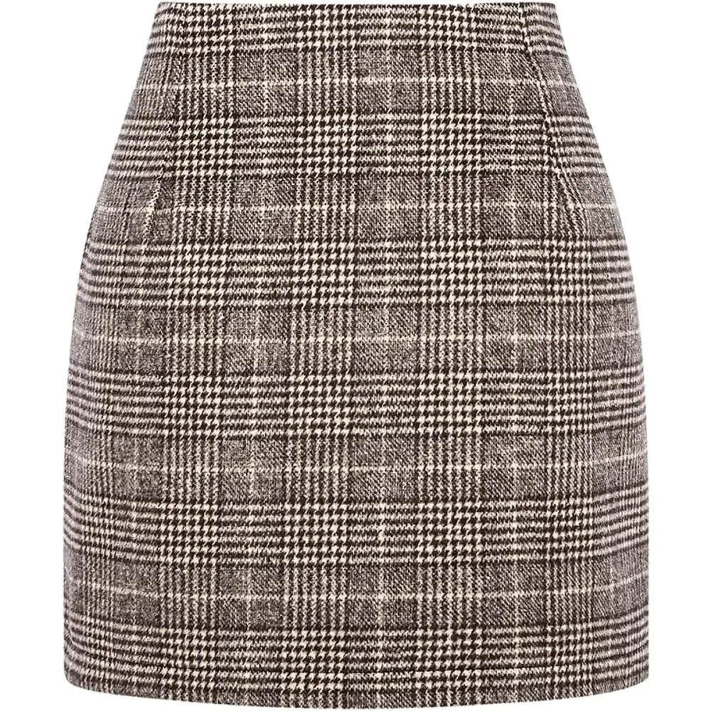 High Waist Plaid Tight Pencil Wool Mini Skirt