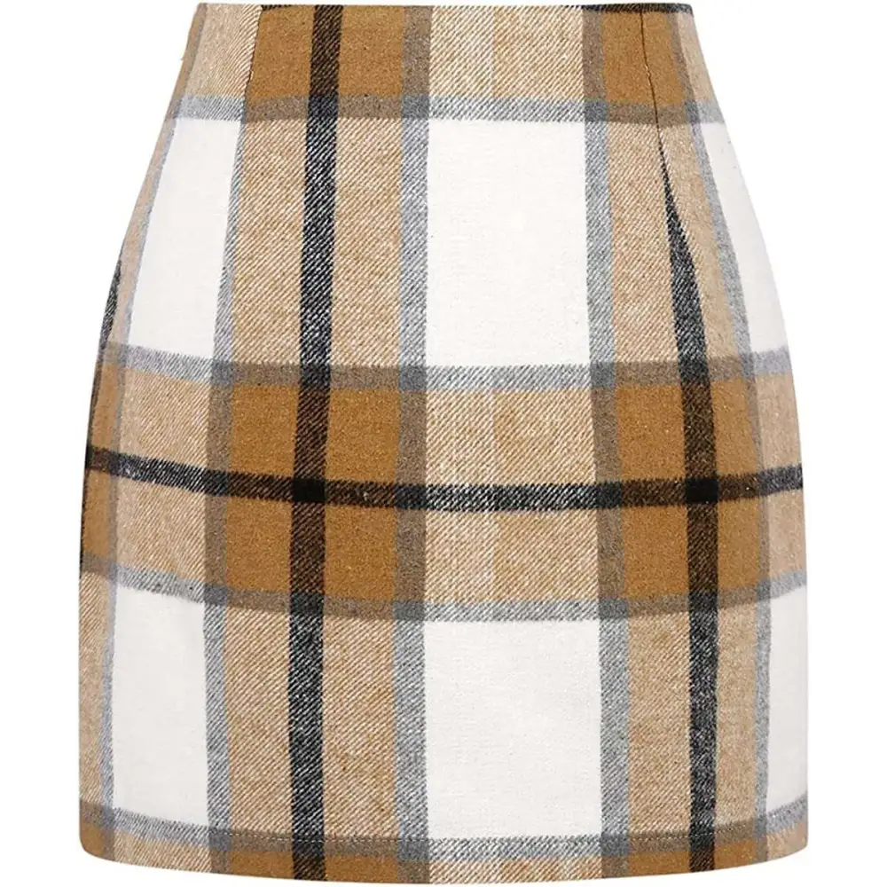High Waist Plaid Tight Pencil Wool Mini Skirt