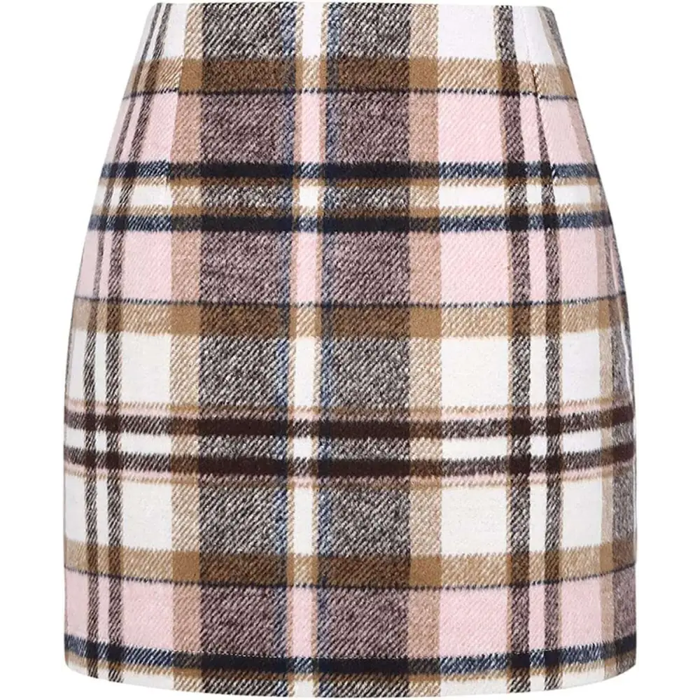 High Waist Plaid Tight Pencil Wool Mini Skirt