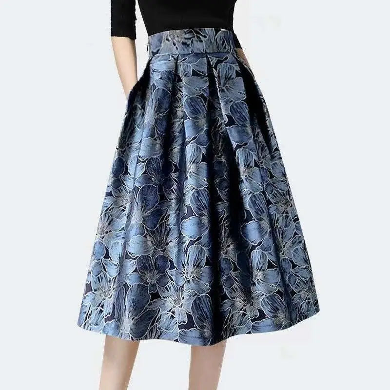 High Waist Slimming Jacquard Floral Midi Skirt